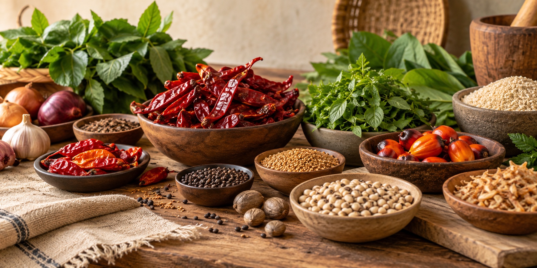 Illustrative arrangement of peppers, leaves, seeds and spices associated with Nigerian cooking