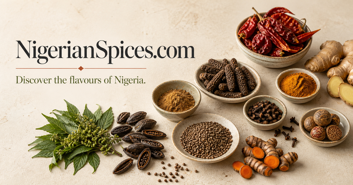 An editorial arrangement of spices and aromatics associated with Nigerian cooking
