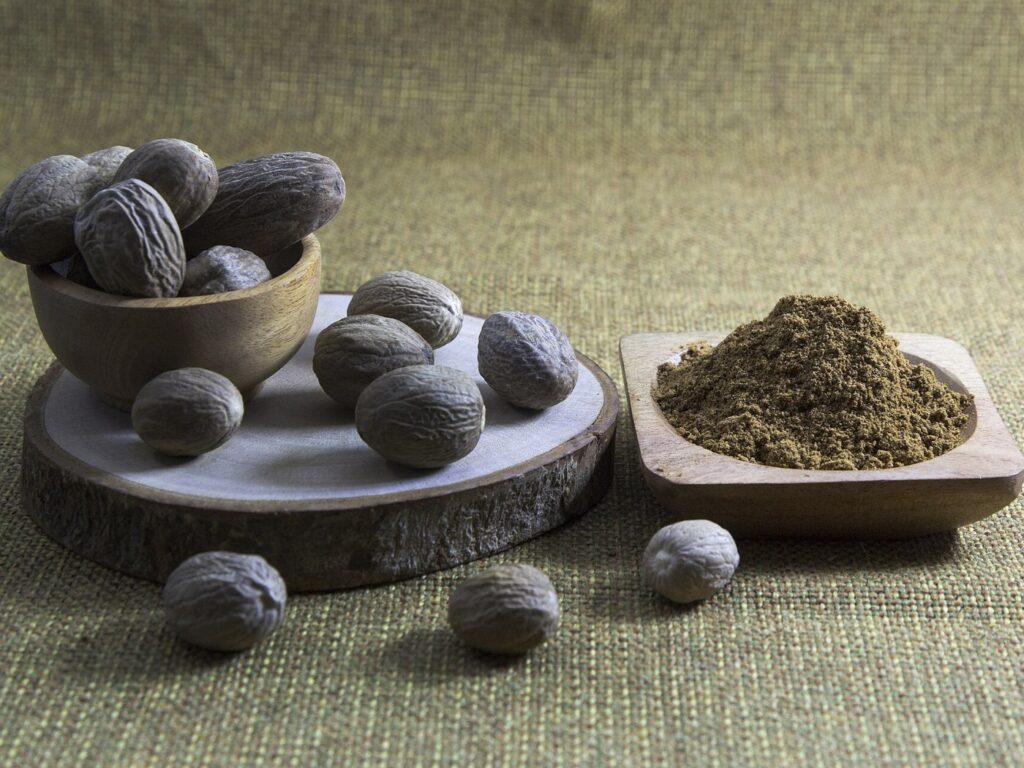 Mace aril surrounding a nutmeg seed